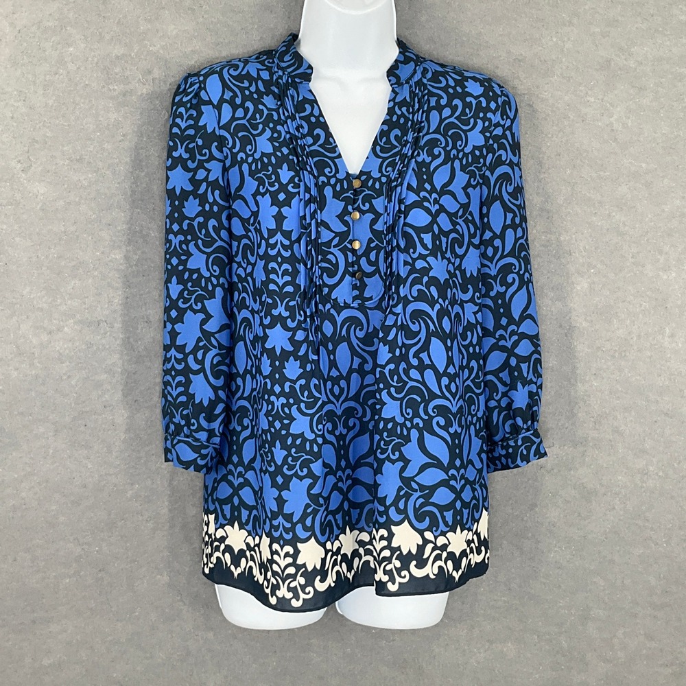 Banana‎ Republic Top Sz XS Blue Black Floral Print 3/4 Sleeve Blouse Office